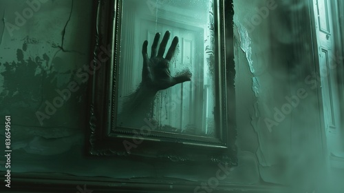 A ghostly hand reaching out from a mirror, with a reflection of an empty room behind it.