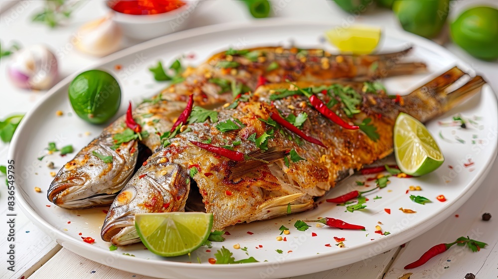 Fried fish with red chili and coriander on a white plate Fried fish with red chili and coriander on a white plate