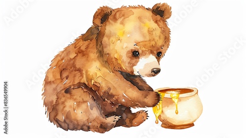 Cute watercolor painting of a bear cub sitting with a honey pot. Adorable art for children and nursery decor.