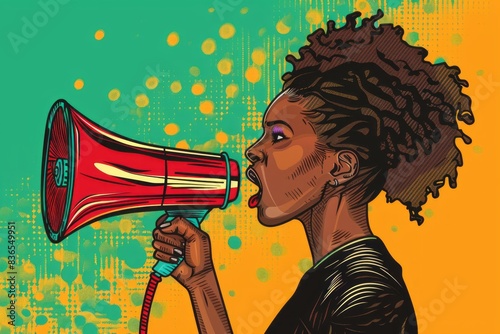 African-American / black Woman with megaphone pop art retro vector for protest , activism , empowerment , speech ,demonstration