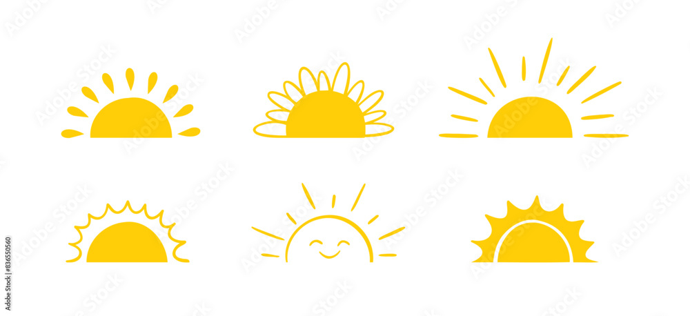 Yellow semicircle doodle half sun Hand drawn icons set doodle style. Sunset simple graphic symbols. Summer heat icons. Half round solar element.