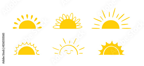 Yellow semicircle doodle half sun Hand drawn icons set doodle style. Sunset simple graphic symbols. Summer heat icons. Half round solar element. photo