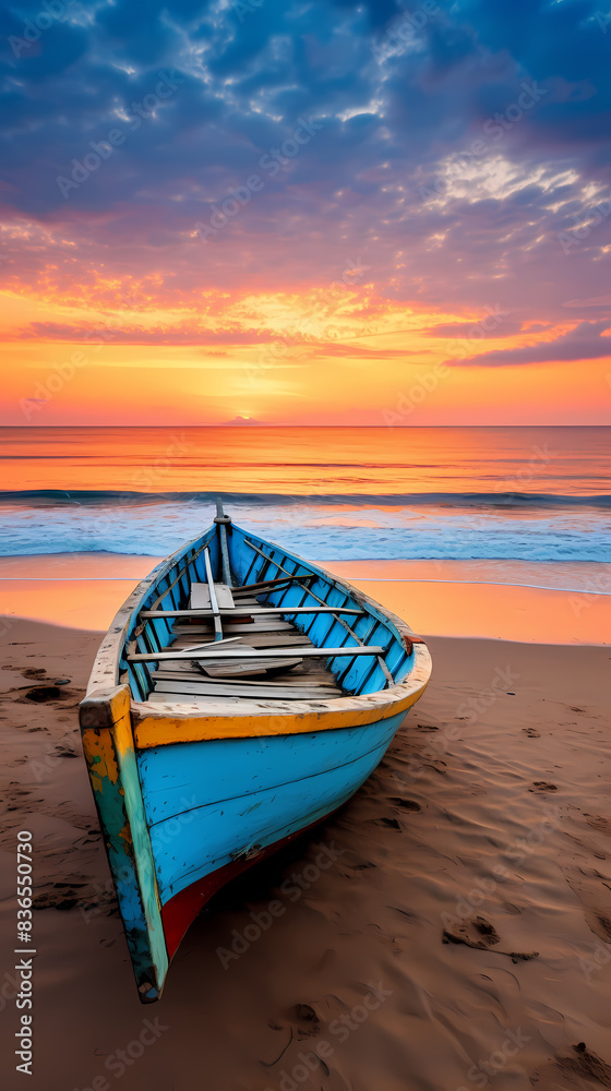 A wooden boat on the beach at sunset A wooden boat on the beach at sunset