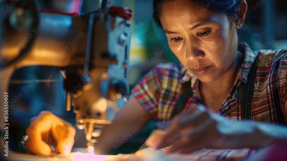 Skilled Female Tailor Seamstress Sewing Delicate Fabric - Close-up Portrait with High-quality Lighting and Concentration on Craftsmanship Skilled Female Tailor Seamstress Sewing Delicate Fabric - Close-up Portrait with High-quality Lighting and Concentration on Craftsmanship