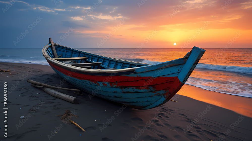 Fototapeta premium A wooden boat on the beach at sunset