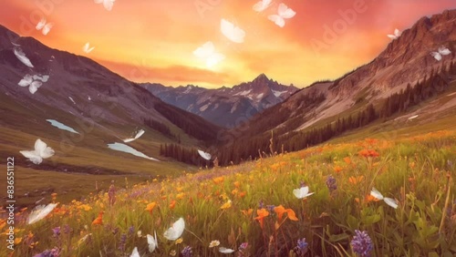 a group of butterflies flying over flower plants with a view of a steep, beautiful hill and a very bright, orange-yellow sky. seamless looping overlay 4k virtual video animation background