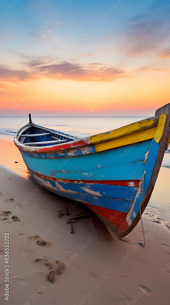 Obraz premium A wooden boat on the beach at sunset