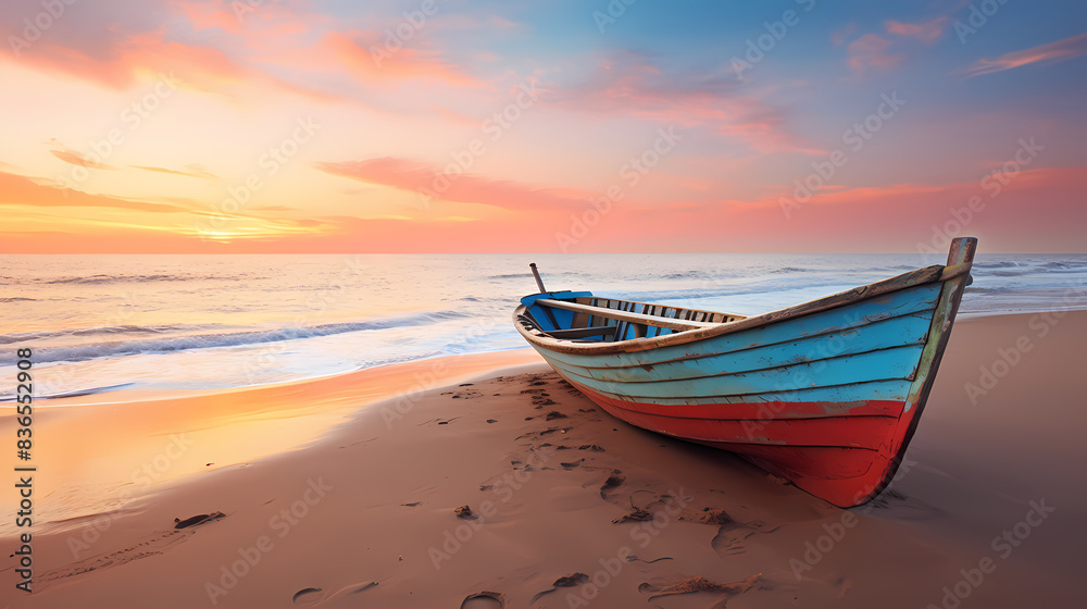 A wooden boat on the beach at sunset