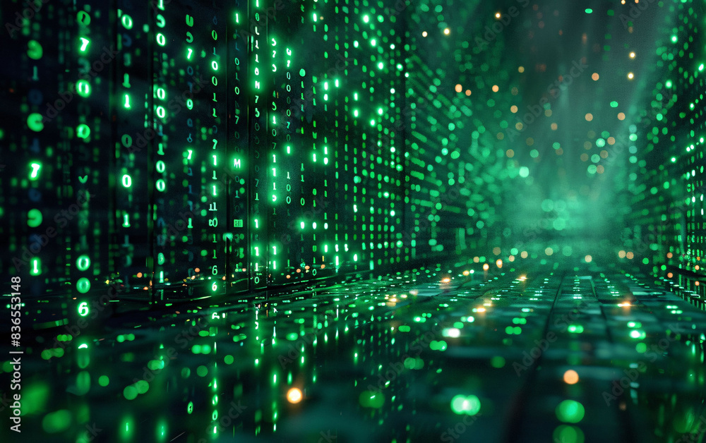 Green code technology glowing background, green dotted line microparticle waveform spiral internet technology big data background Green code technology glowing background, green dotted line microparticle waveform spiral internet technology big data background