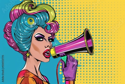 Drag Queen speaking with megaphone pop art retro vector for announcement, information