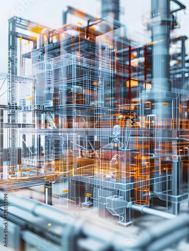 Illustration of Creating virtual models of physical assets and processes to simulate, monitor, and optimize industrial operations using real-time data. Ai Generate.