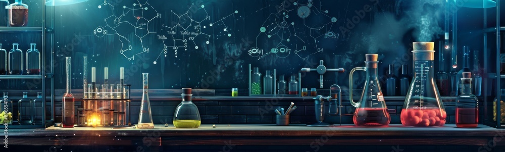 Many different colored liquids in the glassware on the table, school background
Many different colored liquids in the glassware on the table, school background