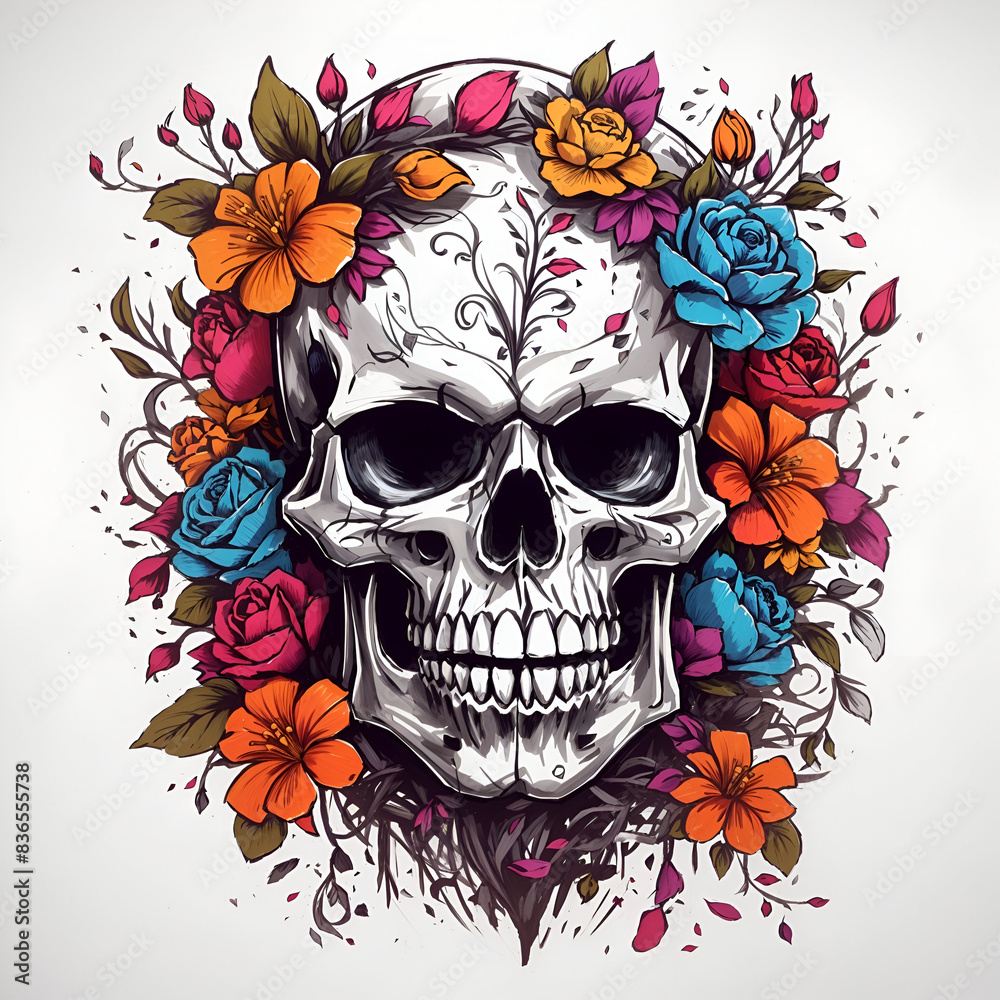 A skull with flowers and colourful style for t-shirt design A skull with flowers and colourful style for t-shirt design