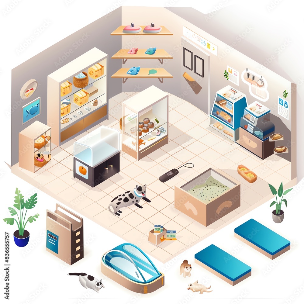 Isometric illustration of a small grocery store with shelves, a counter, and a dog. Isometric illustration of a small grocery store with shelves, a counter, and a dog.