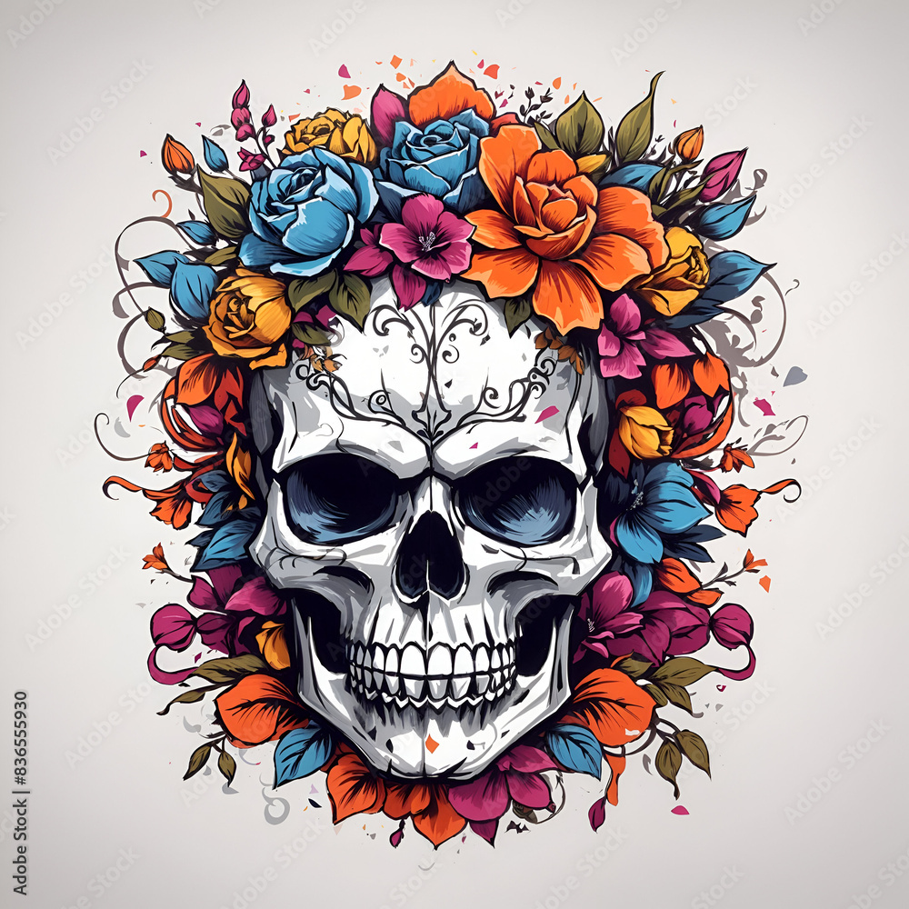 Fototapeta premium A skull with flowers and colourful style for t-shirt design