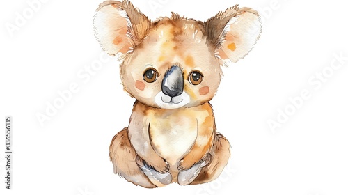 Adorable watercolor illustration of a baby koala with big eyes sitting on white background. photo