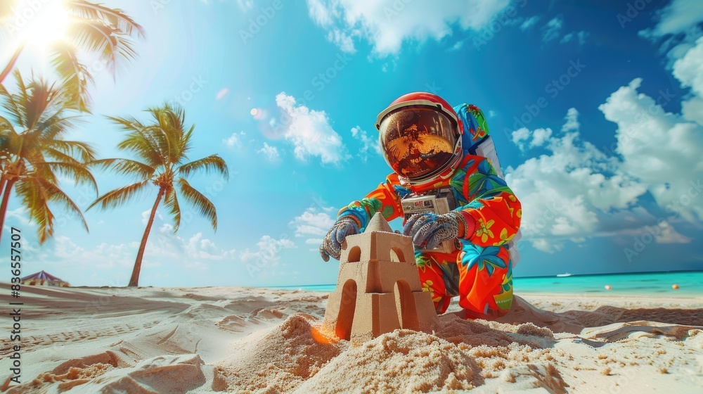 Naklejka premium Tropical Space Explorer: Astronaut in Hawaiian Outfit Building Sandcastle on Beach with Palm Trees and Clear Blue Sky