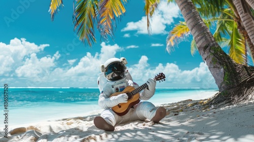 Wallpaper Mural Cosmic Luau Serenade: Astronaut in Hawaiian Attire Playing Ukulele on Beach with Ocean View Torontodigital.ca