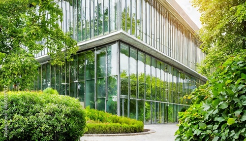 Architecture image with a modern glass building with a lot of green plants trees and bushes for business architecture environmental friendly and eco-concept