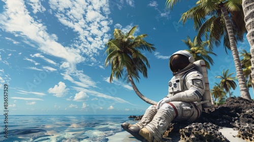 Wallpaper Mural Space Explorer's Tropical Retreat - Astronaut in Hawaiian Attire Barbecuing on Beach under Sunny Sky with Palm Trees, Summer Adventure Concept Torontodigital.ca