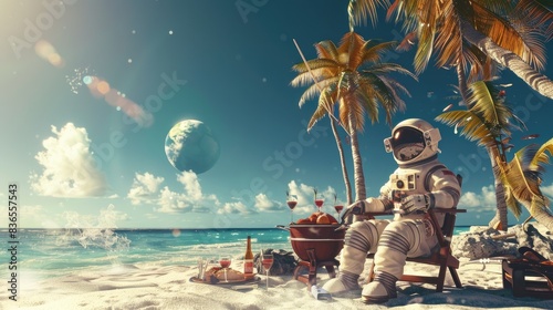 Wallpaper Mural Space Explorer's Summer Escape: Astronaut in Hawaiian Attire Barbecuing on Tropical Beach under Clear Sky with Palm Trees Torontodigital.ca