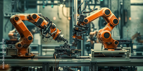 Advanced Robotic Arms in Industrial Factory Setting, High-Tech Automation, Precision Engineering, Modern Manufacturing, Cutting-Edge Technology, Industrial Robotics, Automated Production Line photo
