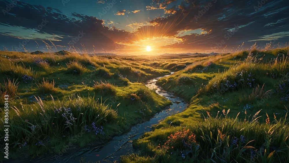 Sunset Over a Serene Meadow with a Winding Creek Sunset Over a Serene Meadow with a Winding Creek