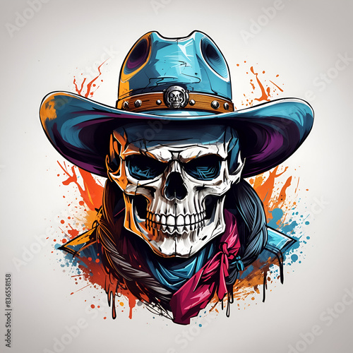 A skull with cowboy hat and colourful style for t-shirt design