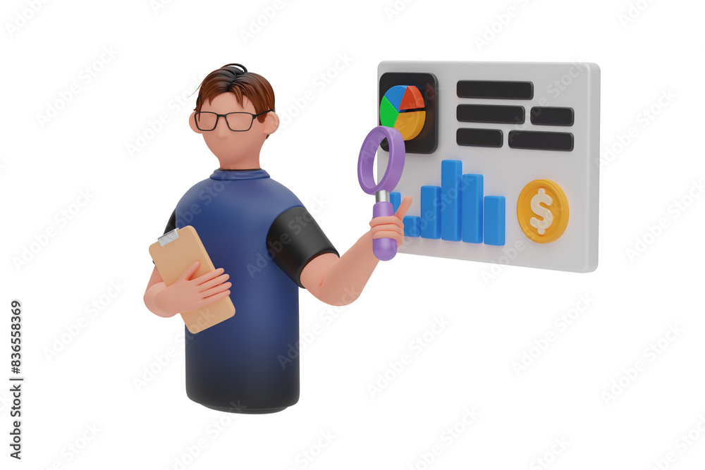 Businessman is analyzing financial report 3D Illustration Businessman is analyzing financial report 3D Illustration