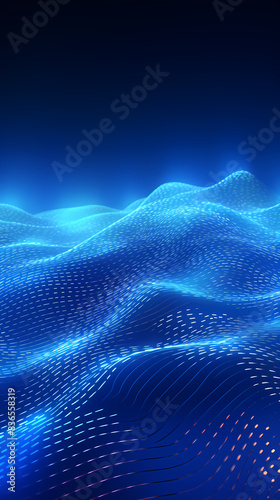 Abstract blue wavy background with glowing lights and sound waves
