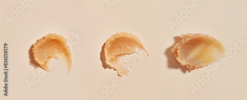 Three cosmetic scrub texture swatches. Exfoliating cream with abrasive sugar or salt particles.