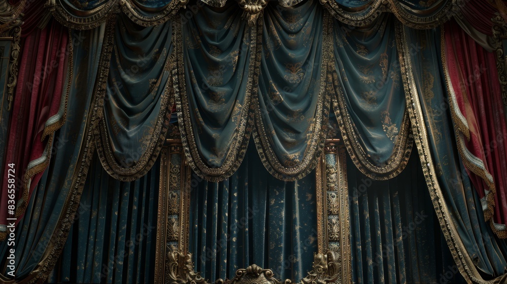 Luxurious, ornate set of curtains with a rich, deep blue fabric adorned with golden patterns Luxurious, ornate set of curtains with a rich, deep blue fabric adorned with golden patterns