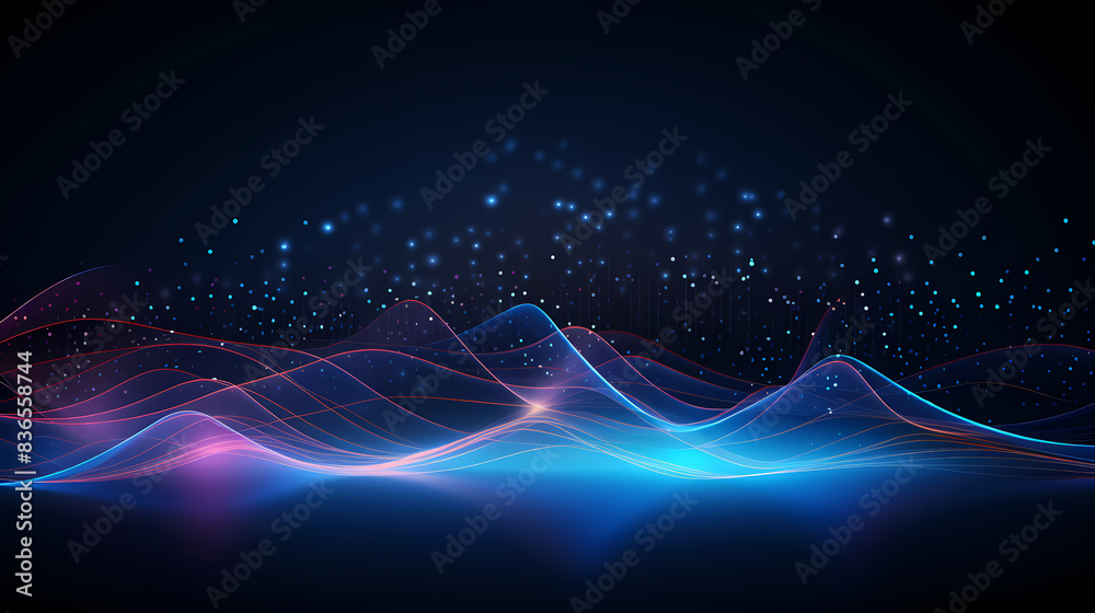 Abstract blue wavy background with glowing lights and sound waves