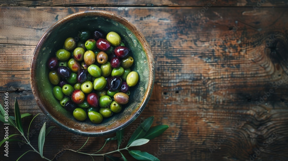 Bowl filled with olives of different colors—green, black, and purple—on a wooden surface. There are also olive leaves scattered around the bowl Bowl filled with olives of different colors—green, black, and purple—on a wooden surface. There are also olive leaves scattered around the bowl
