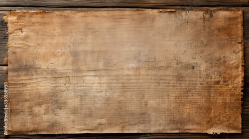 Piece of beige paper on weathered wood, topdown view, rustic plank texture, natural lighting, vintage look