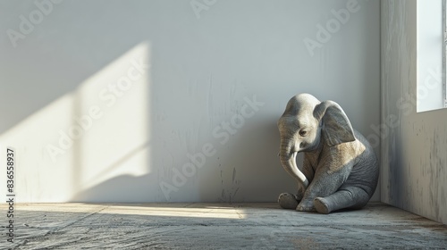 Baby elephant sitting alone in a room with a white wall and a concrete floor
