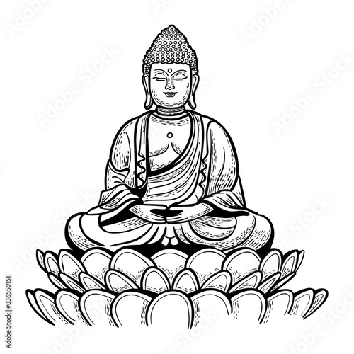 Seated Buddha over a round mandala. Esoteric linear vector illustration. Engraving. Indian, Buddhism, Spiritual Art. Thai god, yoga zen