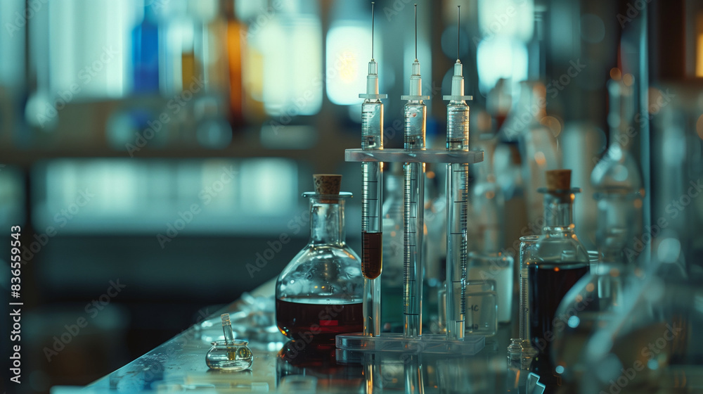 Chemistry laboratory research, experiments, and projects: science, test tubes, and syringe. Scientists and pharmaceutical lab analysts use glass vials and chemical liquid. Chemistry laboratory research, experiments, and projects: science, test tubes, and syringe. Scientists and pharmaceutical lab analysts use glass vials and chemical liquid.