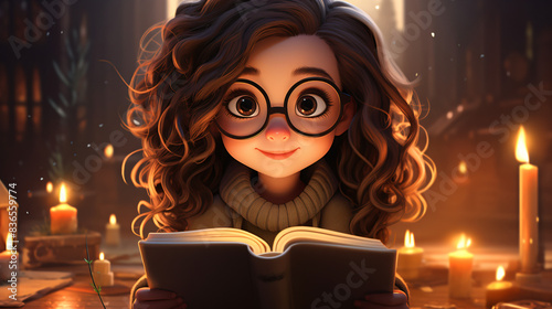 Adorable Cartoon Girl with Glasses Reading a Book by Candlelight