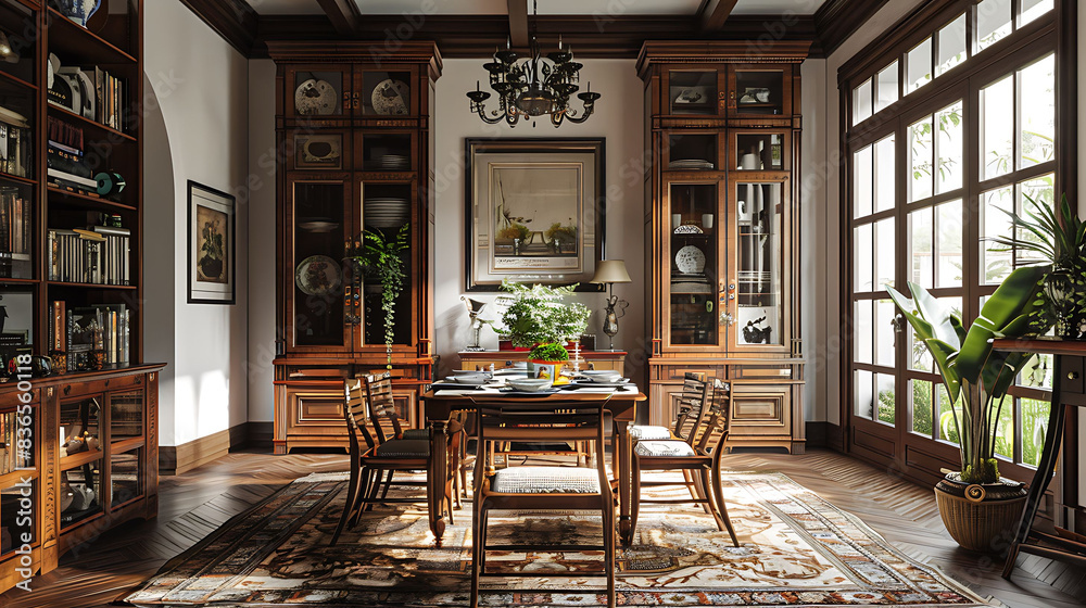 Fototapeta premium Dining room with vintage decor and antique furniture