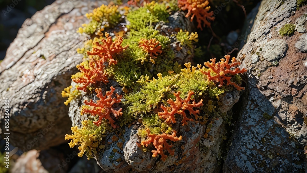 Closeup of colorful lichen on tree bark Closeup of colorful lichen on tree bark