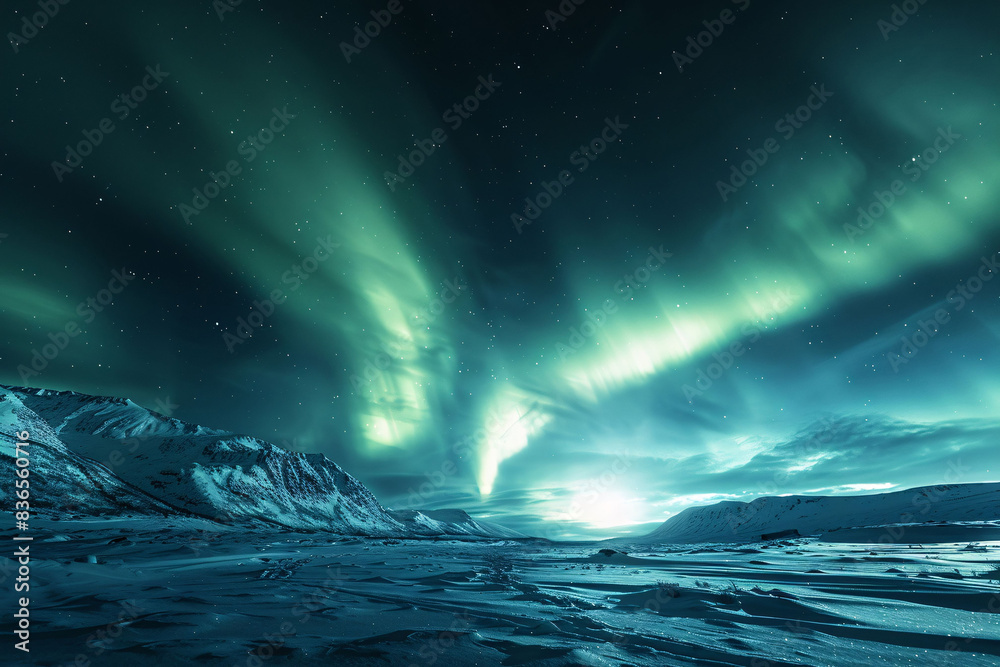 Aurora in the night sky, Northern Lights landscape background, Arctic region bright light starry sky background Aurora in the night sky, Northern Lights landscape background, Arctic region bright light starry sky background