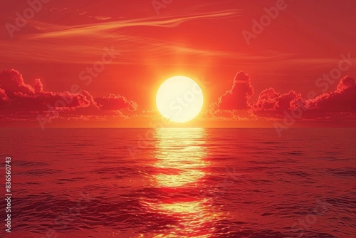 Red sunset over the sea  big sun in red sky  warm light  bright  beautiful background  illustration  3d rendering  hd  high resolution  high detail 