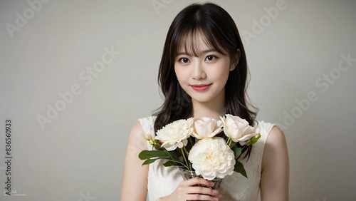 花束を持って正面を見る女性‖Woman holding a bouquet of flowers and looking toward the front