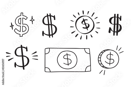 Dollar doodle sign symbol set. Hand drawn Dollar icon. money brushstrokes punctuation