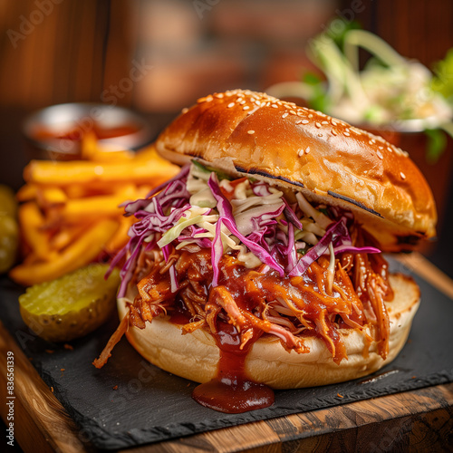 Barbecue Pulled Chicken Sandwich with Coleslaw and Fries 