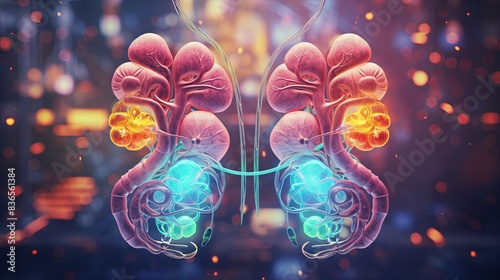Intriguing 3D Illustration of Kidney Anatomy Intertwined with DNA Strand Concept photo