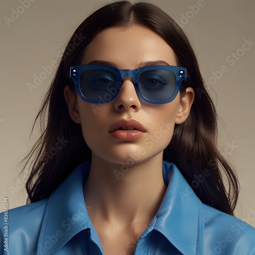 Fashion shoot, Jacquemus and Moncler collaboration: dark blue translucent futuristic sunglasses, portrait of a woman wearing sunglasses