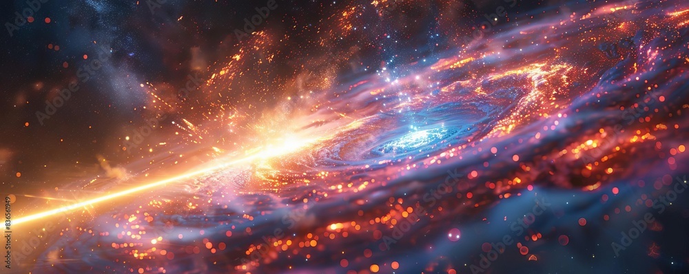 Create a dynamic aerial view of a space war, showcasing swirling galaxies, neon laser beams, and intergalactic battles, in a photorealistic digital art style Create a dynamic aerial view of a space war, showcasing swirling galaxies, neon laser beams, and intergalactic battles, in a photorealistic digital art style