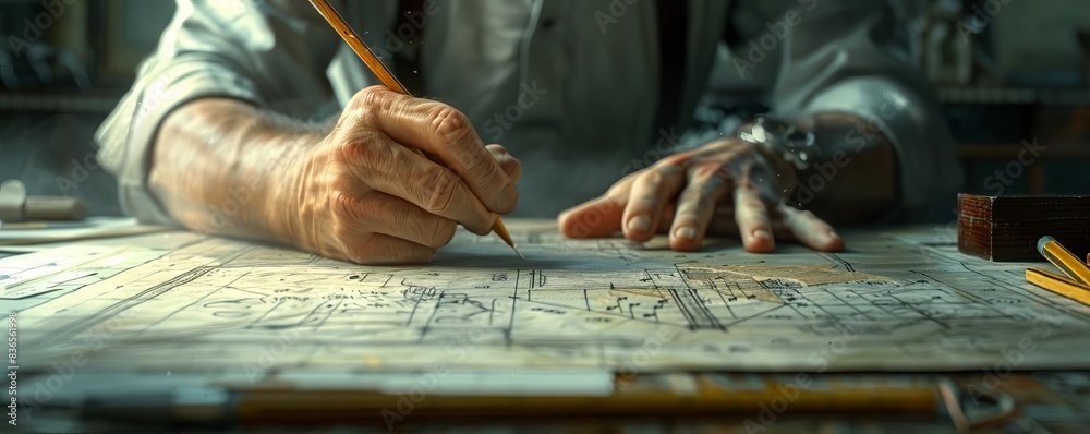 Create a photorealistic image of an architect drawing plans at eye level view, with intricate details on the drafting tools Create a photorealistic image of an architect drawing plans at eye level view, with intricate details on the drafting tools